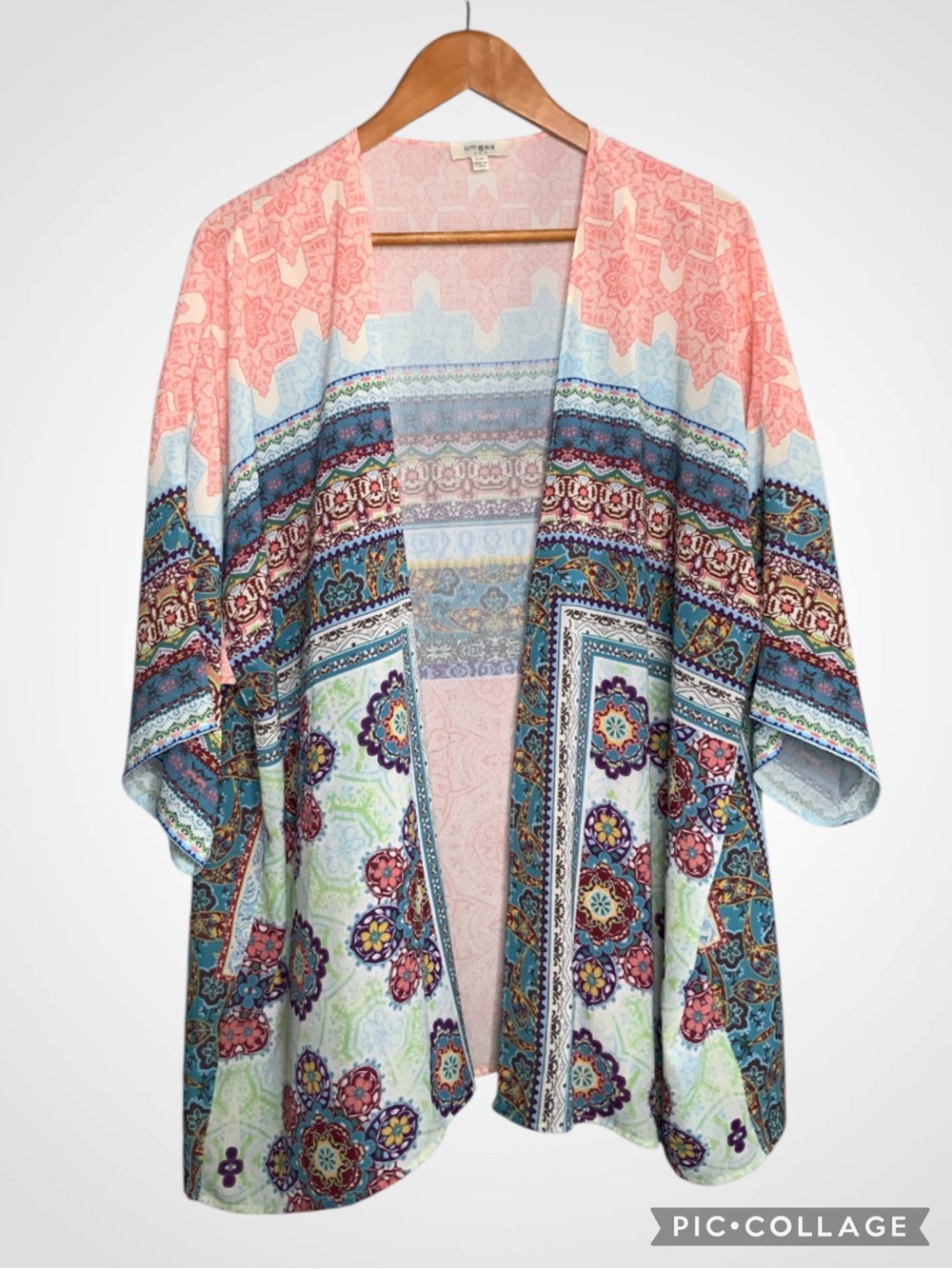 Umgee Coral and Light Blue Boho Open Kimono S/M